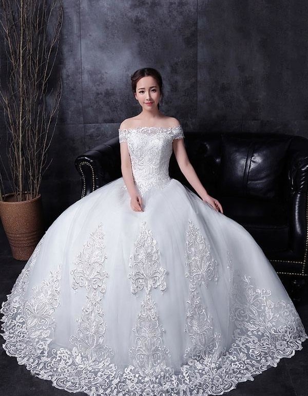A-Line Bateau Tulle Bridal Gown with Embroidered Applique and Lace-up Back