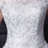 A-Line Bateau Tulle Bridal Gown with Embroidered Applique and Lace-up Back