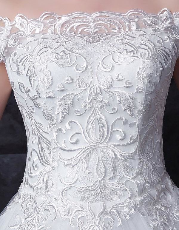 A-Line Bateau Tulle Bridal Gown with Embroidered Applique and Lace-up Back