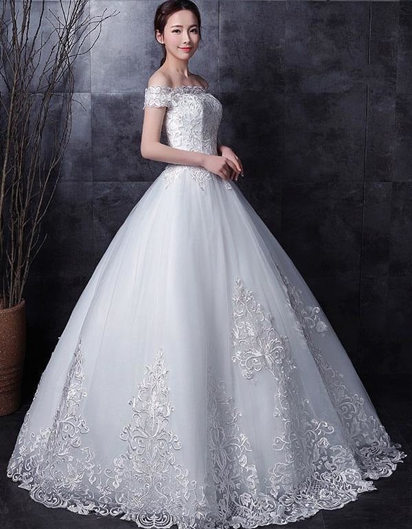 A-Line Bateau Tulle Bridal Gown with Embroidered Applique and Lace-up Back