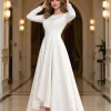 Long Sleeve Ruffle Asymmetrical Scoop Neck Bridal Gown