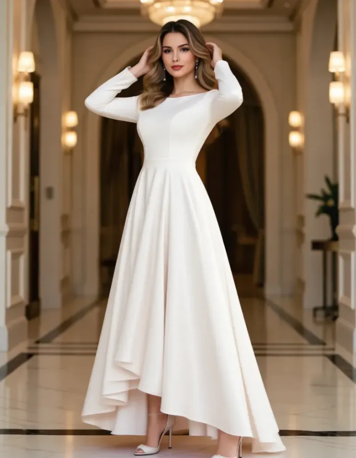 Long Sleeve Ruffle Asymmetrical Scoop Neck Bridal Gown