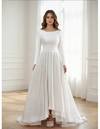 Long Sleeve Ruffle Asymmetrical Scoop Neck Bridal Gown