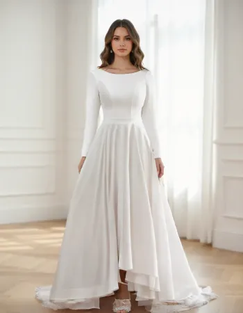 Long Sleeve Ruffle Asymmetrical Scoop Neck Bridal Gown