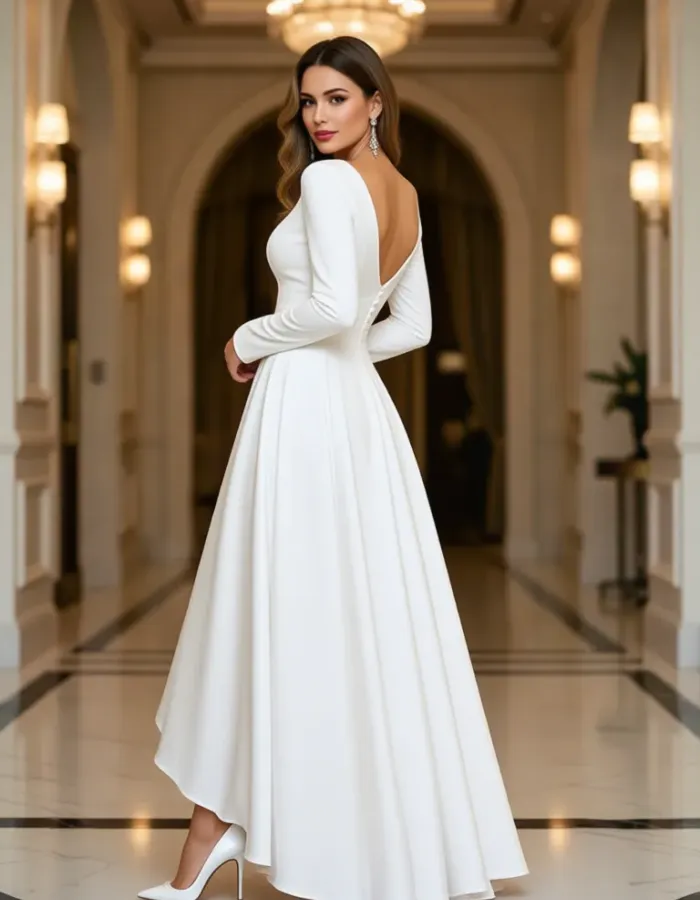 Long Sleeve Ruffle Asymmetrical Scoop Neck Bridal Gown