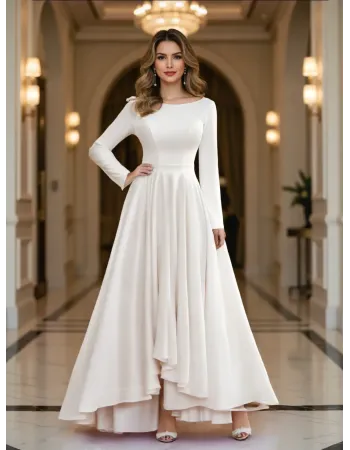 Long Sleeve Ruffle Asymmetrical Scoop Neck Bridal Gown