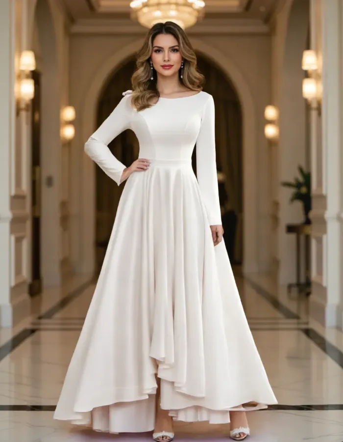 Long Sleeve Ruffle Asymmetrical Scoop Neck Bridal Gown